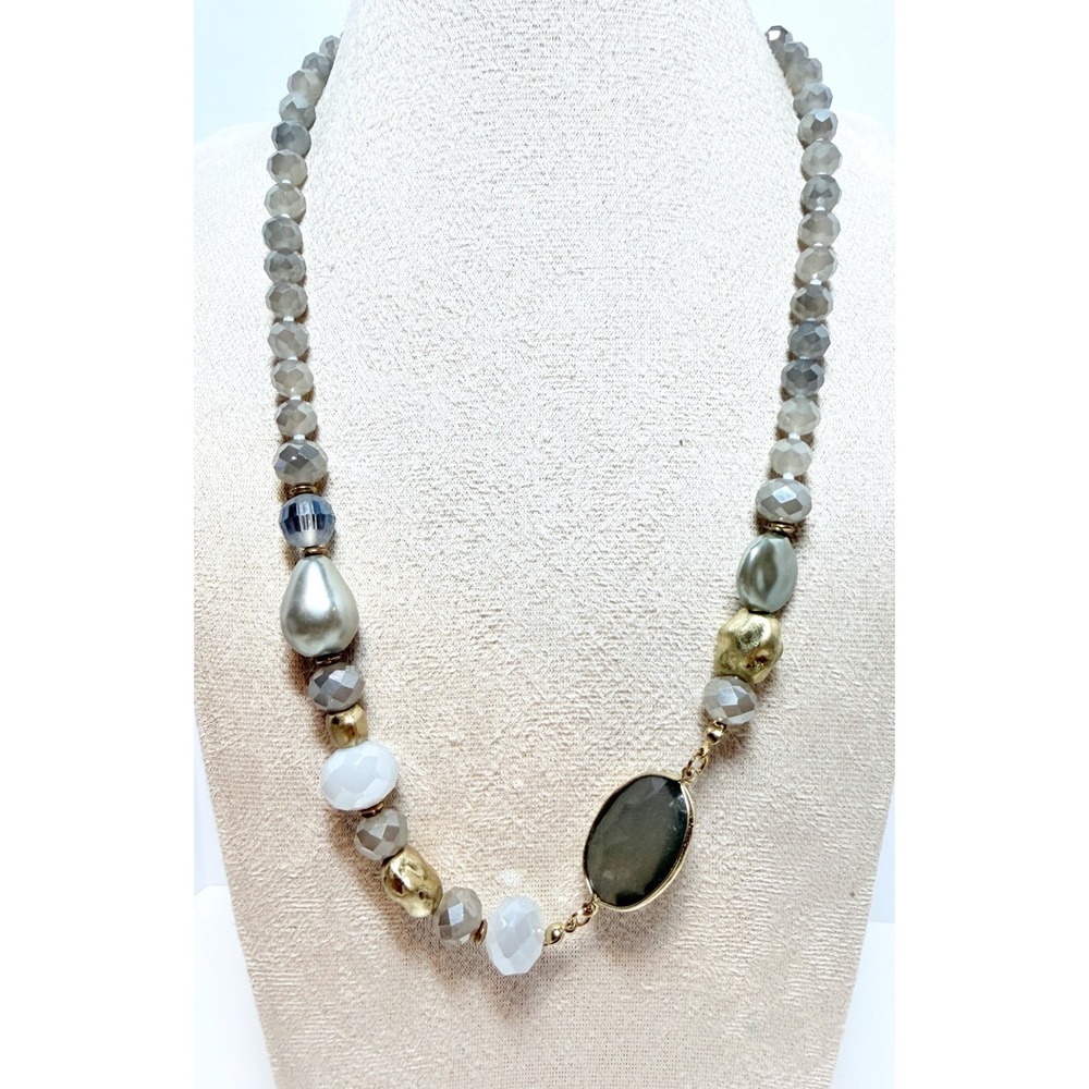 Smoky Gray Faceted Glass Bead Mixed Metal Statement Necklace 18–21"